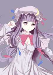 Rule 34 | 1girl, breasts, capelet, cleavage, crescent, culter, dress, hair ribbon, hat, long hair, long sleeves, mob cap, patchouli knowledge, purple dress, purple eyes, purple hair, ribbon, solo, touhou, tress ribbon, very long hair