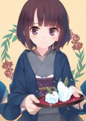Rule 34 | 1girl, amamiya chiharu, blue kimono, blush, brown hair, closed mouth, commentary request, fingernails, grey kimono, holding, holding tray, japanese clothes, kimono, leaf, long sleeves, looking at viewer, obi, original, purple eyes, sash, short hair, smile, snow rabbit, solo, tray, wide sleeves, yellow background