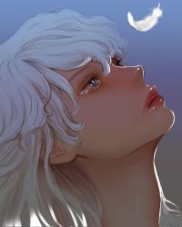 Rule 34 | 1boy, androgynous, berserk, blue eyes, commentary request, corrupted twitter file, curly hair, eyelashes, feathers, griffith (berserk), hair between eyes, highres, long hair, looking up, male focus, nisino2222, open mouth, parted lips, slit pupils, teardrop, tearing up, wavy hair