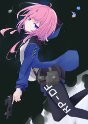 Rule 34 | 1girl, ahoge, arknights, black shorts, blue eyes, blue jacket, blue poison (arknights), blue poison (elite ii) (arknights), breasts, closed mouth, elite ii (arknights), eyes visible through hair, gun, highres, holding, holding gun, holding weapon, hood, hood down, hooded jacket, jacket, leggings, leggings under shorts, long hair, pantyhose, pink hair, pixiv56423347, shirt, shorts, small breasts, solo, trigger discipline, weapon, white shirt