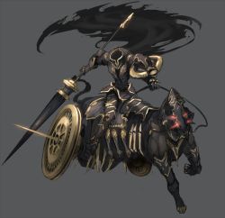 Rule 34 | armor, cape, dullahan, ganesagi, headless, horse, lance, original, polearm, shield, simple background, solo, weapon
