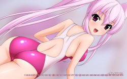 Rule 34 | 1girl, ass, backless outfit, blush, calendar, competition swimsuit, from behind, highres, long hair, looking at viewer, looking back, one-piece swimsuit, original, pink hair, pink one-piece swimsuit, purple eyes, solo, sugimura tomokazu, swimsuit, twintails, wallpaper