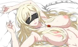 Rule 34 | 10s, 1girl, armpits, arms up, bed, blindfold, blonde hair, breasts, collarbone, completely nude, ero daisuki, eyebrows, fingernails, goblin slayer!, highres, jewelry, large breasts, lips, long hair, lying, nail polish, navel, necklace, nipples, nude, on back, on bed, pillow, scar, shiny skin, smile, solo, sword maiden