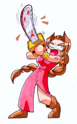 Rule 34 | 1990s (style), 1girl, aerith gainsborough, blood, chainsaw, crazy eyes, dress, final fantasy, final fantasy vii, long dress, long hair, lowres, out of character, pink dress, retro artstyle, solo, very long hair, what, white background