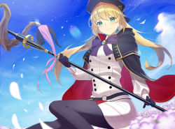 Rule 34 | 1girl, absurdres, artoria caster (fate), artoria caster (second ascension) (fate), artoria pendragon (fate), belt, bird, black cape, black gloves, blonde hair, blue belt, blue hat, blue sky, blush, buttons, cape, cloud, commentary request, double-breasted, fate/grand order, fate (series), feet out of frame, field, flower, flower field, from below, gem, gloves, green eyes, hat, highres, holding, holding staff, jacket, long hair, long sleeves, looking at viewer, mamesuke (mamesuke 01), multicolored cape, multicolored clothes, o-ring, o-ring belt, pantyhose, petals, pink flower, pink ribbon, purple neckwear, red cape, red skirt, ribbon, sitting, skirt, sky, smile, solo, staff, two-tone skirt, white jacket, white skirt