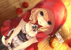 Rule 34 | 1girl, apple, black eyes, black thighhighs, blonde hair, bread, breasts, character request, cleavage, food, from above, fruit, gun, handgun, holding, hood, little red riding hood, looking at viewer, original, picnic basket, pistol, shikino yuki, solo, thighhighs, weapon, wooden floor