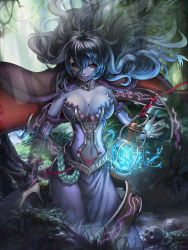 Rule 34 | 1girl, black sclera, blue hair, breasts, cape, cleavage, colored sclera, colored skin, detached sleeves, dress, female focus, forest, ghost, grin, hair between eyes, highres, lantern, large breasts, light rays, long hair, maotu, nature, navel, official art, original, purple skin, red eyes, smile, solo, sunbeam, sunlight, wavy hair