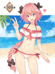 Rule 34 | 1boy, adapted costume, astolfo (fate), astolfo (sailor paladin) (fate), bare shoulders, beach, bikini, blue sky, blush, braid, bulge, cloud, collarbone, commentary request, cowboy shot, crop top, dan (kumadan), day, fang, fate/apocrypha, fate/grand order, fate (series), gluteal fold, hair ribbon, head tilt, heart, long hair, looking at viewer, male focus, md5 mismatch, navel, ocean, off-shoulder bikini, off shoulder, official alternate costume, open mouth, outdoors, palm tree, pink hair, purple eyes, resolution mismatch, ribbon, sailor collar, sand, school uniform, serafuku, single braid, sky, smile, solo, source smaller, spaghetti strap, swimsuit, trap, tree, twitter username, v, water