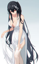 Rule 34 | 1girl, absurdres, azur lane, backless dress, backless outfit, black hair, breasts, center opening, chinese commentary, cleavage, clothes lift, cocktail dress, crossed bangs, dress, evening gown, gradient background, grey background, hair ornament, highres, holding, holding clothes, holding dress, large breasts, long dress, long hair, official alternate costume, plunging neckline, red eyes, satin dress, see-through, see-through dress, shiguangbai, simple background, skirt, skirt lift, sleeveless, sleeveless dress, solo, tachi-e, taihou (azur lane), taihou (temptation on the sea breeze) (azur lane), thighhighs, very long hair, white dress, white thighhighs