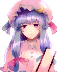 Rule 34 | 1girl, bad id, bad pixiv id, blunt bangs, book, capelet, closed mouth, commentary request, crescent, crescent hat ornament, dress, expressionless, hair ribbon, hat, hat ornament, hat ribbon, highres, holding, holding book, long hair, mob cap, patchouli knowledge, pink capelet, pink dress, pink hat, pink ribbon, purple eyes, purple hair, purple ribbon, ribbon, sango (coral0707), signature, simple background, solo, touhou, tress ribbon, upper body, white background