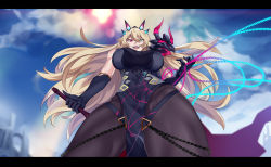 Rule 34 | 1girl, abs, armor, blonde hair, blue eyes, breasts, chain, barghest (fate), barghest (second ascension) (fate), fate/grand order, fate (series), gauntlets, heterochromia, highres, horns, huge breasts, large breasts, letterboxed, long hair, looking at viewer, looking down, mrnn, muscular, muscular female, pantyhose, red eyes, shoulder armor, solo, thighs