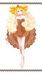 1girl, :d, animal print, artist request, bad id, bad twitter id, bangs, bare shoulders, beads, blonde hair, blush, bracelet, breasts, brown dress, brown eyes, cake, cheesecake cookie, cookie run, cropped legs, curly hair, dress, earrings, envelope, feather boa, fishnet legwear, fishnets, food, food on head, head tilt, highres, holding, humanization, jewelry, leopard print, looking at viewer, mole, mole under eye, necklace, object on head, open mouth, pantyhose, parted bangs, pearl necklace, polka dot, short dress, short twintails, signature, simple background, small breasts, smile, solo, standing, strapless, strapless dress, swept bangs, thigh gap, twintails, white background