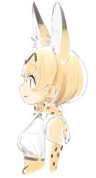 Rule 34 | 10s, 1girl, :3, animal ears, animal print, arms at sides, bare shoulders, belt, blouse, blush stickers, bow, bowtie, brown eyes, cross-laced clothes, elbow gloves, extra ears, eyelashes, from side, gloves, high-waist skirt, kemono friends, looking away, open mouth, orange hair, panzuban, print bow, print bowtie, print gloves, print neckwear, profile, serval (kemono friends), serval print, shirt, short hair, sideways mouth, simple background, skirt, sleeveless, sleeveless shirt, smile, solo, tareme, upper body, white background, white shirt