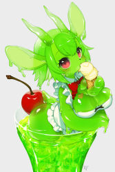 Rule 34 | 1girl, animal ears, animal nose, bow, bowtie, breasts, cherry, cleavage, commentary request, food, fruit, furry, furry female, green hair, grey background, highres, holding, holding food, horns, ice cream, kishibe, large breasts, looking at viewer, monster girl, original, red bow, red bowtie, red eyes, simple background, slime girl, snout, solo