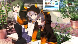 3girls :d asakura_mihono ban_tsugumi black_footwear black_pantyhose blurry blurry_background brown_eyes brown_hair brown_jacket collared_shirt crepe food game_cg gradient_clothes gradient_jacket green_hair grey_hair grey_jacket hair_between_eyes holding holding_crepe holding_food hood hood_down hood_up hooded_jacket horned_hood horns jacket leg_up long_sleeves looking_at_another medium_hair multiple_girls necktie non-web_source official_art open_mouth orange_eyes orange_necktie outdoors pantyhose plant potted_plant purple_eyes purple_skirt renpu_girls_school_uniform school_uniform shichinosato_kofuki shirt shoes short_hair sitting skirt smile thighhighs toji_no_miko toji_no_miko:_kizamishi_issen_no_tomoshibi white_shirt white_thighhighs winter_uniform