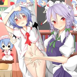 Rule 34 | 1girl, absurdres, apron, arms up, ascot, bat wings, blush, bookshelf, bottomless, braid, button eyes, buttons, character doll, collection, commentary request, covering crotch, covering privates, dakimakura (object), dress, fang, hair ribbon, hat, highres, izayoi sakuya, maid, maid apron, maid headdress, mob cap, model kit, naked shirt, navel, open clothes, open mouth, open shirt, photo (object), pillow, pink dress, puffy short sleeves, puffy sleeves, purple dress, remilia scarlet, ribbon, sash, shirt, short sleeves, silver hair, smile, tears, touhou, twin braids, unworn hat, unworn headwear, v arms, waist apron, wavy mouth, wings, yamato (muchuu paradigm)