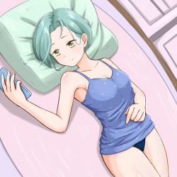 Rule 34 | 1girl, alternate costume, black panties, blue camisole, breasts, camisole, cellphone, collarbone, forehead, green hair, highres, holding, holding phone, kantai collection, lying, mole, mole on neck, on back, panties, phone, pillow, short hair, small breasts, smartphone, solo, sosser, swept bangs, tamanami (kancolle), underwear, yellow eyes