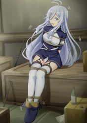 Rule 34 | 86 -eightysix-, absurdres, antenna hair, arms behind back, bandages, bdsm, blue eyes, blue hair, bondage, bound, breasts, crying, garter straps, highres, large breasts, long hair, looking at viewer, military, military uniform, open mouth, panicking, parted bangs, rope, sitting, skirt, teeth, thighhighs, thighs, tied, tongue, trembling, uniform, vakaosciosa, very long hair, vladilena millize