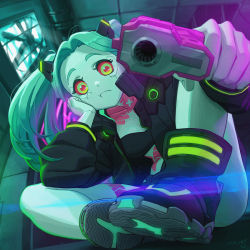 Rule 34 | 1girl, aiming, aiming at viewer, artist name, black bra, black footwear, black jacket, bra, closed mouth, colored sclera, colored skin, cyberpunk (series), cyberpunk edgerunners, frown, green hair, gun, hair ornament, handgun, head rest, holding, holding gun, holding weapon, jacket, leg tattoo, looking at viewer, neck tattoo, on ground, rebecca (cyberpunk), red pupils, red sclera, shoes, signature, sitting, solo, stomach tattoo, tattoo, tim yan, twintails, underwear, weapon, white skin, yellow eyes