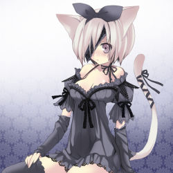 Rule 34 | 1girl, animal ears, arm warmers, black thighhighs, bow, breasts, cat ears, cat tail, cleavage, detached sleeves, dress, eyepatch, gown, grey hair, hair bow, lingerie, negligee, original, purple eyes, ribbon, rose-san (hinajyou), saibashi, short hair, sitting, solo, tail, thighhighs, underwear