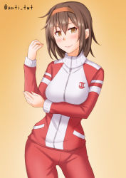 Rule 34 | 1girl, alternate costume, anchor symbol, anti (untea9), breasts, brown eyes, brown hair, commentary request, contrapposto, gradient background, hairband, highres, jacket, kantai collection, looking at viewer, medium breasts, multicolored clothes, multicolored jacket, orange background, pants, red hairband, red pants, shiratsuyu (kancolle), short hair, solo, track pants, track suit, twitter username, two-tone jacket, zipper