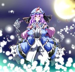 Rule 34 | 1girl, absurdres, alternate hair length, alternate hairstyle, bad id, bad pixiv id, blush, bug, butterfly, colorized, female focus, full moon, hands in opposite sleeves, hat, highres, bug, long hair, looking at viewer, minagokoro, moon, purple hair, red eyes, saigyouji yuyuko, smile, solo, touhou