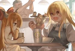 Rule 34 | &gt; &lt;, 1boy, 3girls, absurdres, ascot, bartender, black vest, bow, bowl, breasts, brown hair, ceiling light, closed mouth, commentary request, cookie (touhou), cup, detached sleeves, dress, fang, hair between eyes, hair bow, hakurei reimu, hide (acceed), highres, horns, ibuki suika, kirisame marisa, lamp, long hair, looking at viewer, manatsu no yo no inmu, medium breasts, mini person, minigirl, multiple girls, okasan01, open mouth, orange eyes, orange hair, puffy short sleeves, puffy sleeves, red bow, red dress, sakenomi (cookie), shirt, short hair, short sleeves, skin fang, sleeveless, sleeveless shirt, smile, sunglasses, table, takuya (acceed), touhou, triangle mouth, upper body, uzuki (cookie), vest, white shirt, yamin (cookie), yellow ascot