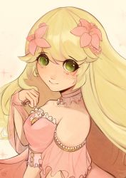 Rule 34 | 1girl, absurdres, blonde hair, blue picmi, breasts, choker, collarbone, commentary, cropped shirt, english commentary, green eyes, head tilt, highres, indie virtual youtuber, long hair, looking at viewer, mahou shoujo riri, off-shoulder shirt, off shoulder, pink shirt, shirt, small breasts, smile, solo, virtual youtuber, white choker