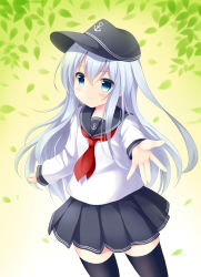 Rule 34 | 1girl, anchor symbol, black sailor collar, black skirt, black thighhighs, blue eyes, commentary request, contrapposto, cowboy shot, flat cap, foreshortening, gradient background, green background, hat, hibiki (kancolle), highres, kantai collection, long hair, neckerchief, pleated skirt, red neckerchief, sailor collar, school uniform, serafuku, silver hair, skirt, solo, standing, thighhighs, yuto sepiacolor