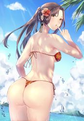 Rule 34 | 1girl, absurdres, ass, back, bare arms, bikini, blue sky, breasts, brown eyes, brown hair, cloud, commentary request, day, dead by daylight, feng min, flower, from behind, hair flower, hair ornament, highres, long hair, looking at viewer, looking back, medium breasts, mountainous horizon, ocean, oramikainu, outdoors, palm tree, ponytail, red bikini, shoulder blades, side-tie bikini bottom, sideboob, sky, solo, standing, sunlight, swimsuit, thighs, thong, thong bikini, tree, water drop, wet