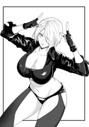 Rule 34 | 1girl, angel (kof), backless pants, black872233196, blue eyes, bra, breasts, chaps, cleavage, crop top, cropped jacket, fingerless gloves, gloves, hair over one eye, horns pose, index fingers raised, jacket, large breasts, leather, leather jacket, looking at viewer, midriff, navel, panties, pants, short hair, smile, snk, solo, strapless, strapless bra, the king of fighters, the king of fighters xiv, toned, underwear, white hair