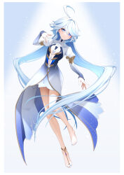 Rule 34 | 1girl, bare legs, barefoot, blue hair, blue nails, border, closed mouth, commentary request, cowlick, dress, drop-shaped pupils, full body, furina (genshin impact), genshin impact, gold trim, gradient dress, hand up, high-low skirt, highres, juliet sleeves, light blue hair, light particles, long hair, long sleeves, looking at viewer, midair, mismatched pupils, multicolored hair, nail polish, puffy sleeves, solo, spotlight, streaked hair, symbol-shaped pupils, toenail polish, toenails, tyenka7728, wavy hair, white border