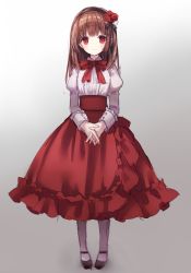 Rule 34 | 1girl, blouse, bow, brown hair, dress, flower, hair flower, hair ornament, hairband, ib (ib), ib (kouri), lolita fashion, long hair, looking at viewer, mary janes, own hands together, pantyhose, red eyes, rose, shirt, shoes, skirt, smile, usamito