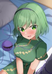 Rule 34 | 1girl, absurdres, alternate costume, bed, black hairband, blurry, blurry background, blush, breasts, bright pupils, china dress, chinese clothes, commentary, cowboy shot, dress, eyes visible through hair, from above, green dress, green eyes, green hair, hairband, heart, heart of string, highres, indoors, kirisame oreo, komeiji koishi, large breasts, looking at viewer, medium hair, short sleeves, sitting, solo, swept bangs, third eye, touhou, tsurime