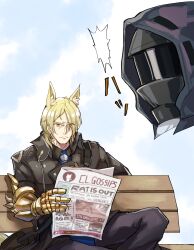 Rule 34 | 1boy, 1other, ^^^, animal ear fluff, animal ears, arknights, black jacket, black pants, blonde hair, blue shirt, collared shirt, commentary request, doctor (arknights), english text, eyes visible through hair, gauntlets, grey necktie, hair over one eye, highres, holding, horse ears, jacket, mlynar (arknights), necktie, newspaper, on bench, pants, red eyes, romaji commentary, shirt, sitting, sleepyowl (jobkung15), yaranaika