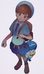 Rule 34 | 1boy, backpack, bag, black legwear, blue shorts, blush stickers, brown bag, brown eyes, brown footwear, brown hair, closed mouth, collared shirt, commentary, creatures (company), florian (pokemon), full body, game freak, hat, highres, holding, holding poke ball, looking at viewer, male focus, necktie, nintendo, poke ball, poke ball (basic), pokemon, pokemon (creature), pokemon sv, quaxly, shirt, shoes, short hair, short sleeves, shorts, socks, standing, thxzmgn
