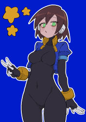 Rule 34 | 1girl, absurdres, aile (mega man zx), black bodysuit, blue background, blue jacket, blush, bodysuit, bodysuit under clothes, breasts, brown hair, buzzlyears, covered collarbone, covered navel, cowboy shot, cropped jacket, green eyes, highres, jacket, looking at viewer, medium breasts, mega man (series), mega man zx, navel, no pants, robot ears, short hair, simple background, skin tight, solo, star (symbol), w