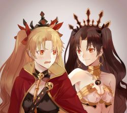 Rule 34 | 2girls, bad id, bad pixiv id, black ribbon, blonde hair, blush, breasts, brown hair, cape, choker, cleavage, collarbone, cowboy shot, earrings, ereshkigal (fate), eye contact, fate/grand order, fate (series), grey background, hair ornament, hair ribbon, highres, ishtar (fate), ishtar (fate), jewelry, long hair, looking at another, medium breasts, midriff, multiple girls, open mouth, red cape, red eyes, red ribbon, ribbon, simple background, smile, standing, strapless, tohsaka rin, twintails, upper body, very long hair, xinweikun