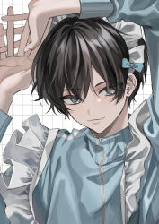 Rule 34 | 1boy, apron, arms up, black hair, blue eyes, commentary request, ear piercing, earrings, frills, grid background, highres, jacket, jersey maid, jewelry, looking at viewer, maid, maid apron, maid headdress, male focus, original, piercing, short hair, simple background, solo, sosaku 25, sweater, track jacket, unconventional maid, zipper