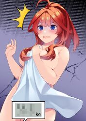 Rule 34 | 1girl, @ @, absurdres, ahoge, atelier z44, blue eyes, blush, breasts, censored, completely nude, covering privates, go-toubun no hanayome, hair censor, hands up, highres, holding, holding towel, large breasts, long hair, mosaic censoring, nakano itsuki, nude, nude cover, open mouth, red hair, shaded face, solo, towel, wavy mouth, weighing scale, weight conscious, white towel