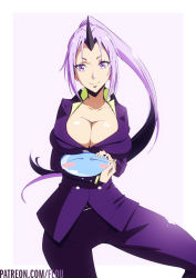 Rule 34 | 1girl, 1other, black horns, blush, blush stickers, breasts, cleavage, collarbone, commentary request, creature, flou (flou art), highres, horn, horns, large breasts, long hair, looking at viewer, office lady, oni, oni girl, oni horn, oni horns, ponytail, purple eyes, purple hair, rimuru tempest, shion (tensei shitara slime datta ken), single horn, smile, smiles, tensei shitara slime datta ken, very long hair