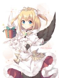 Rule 34 | :o, asymmetrical wings, bell, black thighhighs, black wings, blonde hair, blue eyes, blush, bow, christmas, copyright request, dress, english text, floating, floating object, gift, gloves, heart, holding, holding gift, looking at viewer, merry christmas, mismatched wings, rento (rukeai), short hair, solo, star (symbol), thighhighs, tiara, white bow, white dress, white gloves, white wings, wings