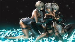 Rule 34 | 3girls, alternate costume, android, ass, bandaged arm, bandages, blindfold, blue eyes, blush, boots, breasts, clone, cosplay, dual persona, flower, grabbing, grabbing another&#039;s breast, gzy, hairband, high heels, highres, in-franchise crossover, kaine (nier), kaine (nier) (cosplay), leotard, multiple girls, nier, nier:automata, nier (series), short hair, silver hair, thigh boots, thighhighs, time paradox, 2b (nier:automata), a2 (nier:automata), yuri