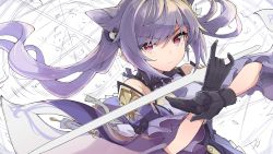 Rule 34 | 1girl, black gloves, bow, double bun, dress, earrings, frilled sleeves, frills, genshin impact, gloves, goten (510gensoku), hair bow, hair bun, highres, holding, holding sword, holding weapon, jewelry, keqing (genshin impact), looking at viewer, purple eyes, purple hair, solo, sword, twintails, weapon
