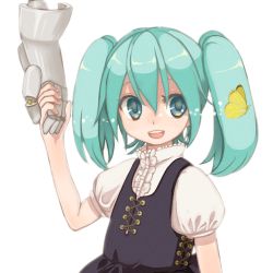 Rule 34 | 1girl, aged down, blue eyes, blue hair, bug, butterfly, child, emdo (norabbit), green hair, hatsune miku, holding hands, insect, lowres, robot, solo focus, twintails, vocaloid, voice (vocaloid)