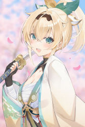 Rule 34 | 1girl, :d, black gloves, blue eyes, blush, breasts, chest sarashi, commentary request, fingerless gloves, gloves, hair between eyes, hair ribbon, haori, highres, holding, holding sword, holding weapon, hololive, japanese clothes, kakumayu, katana, kazama iroha, long sleeves, looking at viewer, open mouth, ponytail, ribbon, sarashi, short hair, smile, solo, sword, teeth, upper body, upper teeth only, virtual youtuber, weapon