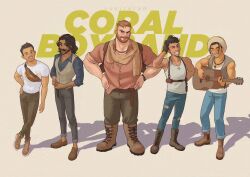 Rule 34 | 5boys, absurdres, beard, boots, character request, contrapposto, coral island, facial hair, full beard, full body, highres, leather belt, looking at viewer, male focus, mark (coral island), mature male, multiple boys, muscular, muscular male, pants, partially unbuttoned, ranituran, scarf, short hair, side-by-side, sideburns, sleeves rolled up, sparse arm hair, standing, thick beard, thick eyebrows, thick mustache
