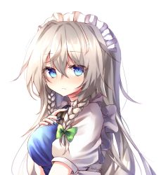 Rule 34 | 1girl, artist name, bad id, bad pixiv id, blue dress, blue eyes, blue nails, bow, braid, breasts, closed mouth, collarbone, dress, green bow, hair between eyes, highres, izayoi sakuya, long hair, looking at viewer, maid, maid headdress, nail polish, pudding (skymint 028), puffy short sleeves, puffy sleeves, short sleeves, signature, silver hair, simple background, solo, touhou, twin braids, upper body, white background, white sleeves