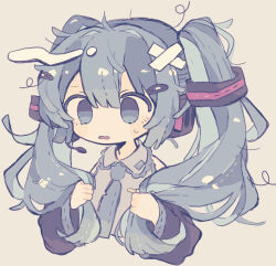 Rule 34 | 1girl, bandaid, bandaid on head, black sleeves, blue eyes, blue hair, blue necktie, commentary, crossed bandaids, detached sleeves, frilled shirt collar, frills, grey background, grey shirt, hatsune miku, headphones, headset, highres, holding, holding hair, kanato345, long hair, long sleeves, messy hair, microphone, necktie, open mouth, shirt, sidelocks, simple background, solo, sweat, twintails, upper body, very long hair, vocaloid