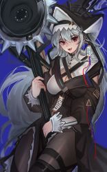 Rule 34 | 1girl, :d, arknights, black dress, black headwear, black pantyhose, blue background, breasts, chainsaw, circular saw, cleavage, cowboy shot, dress, fangs, grey hair, hair between eyes, highres, holding, holding weapon, huge weapon, kaguura (kagu), large breasts, long hair, long sleeves, looking at viewer, open mouth, pantyhose, pelvic curtain, red eyes, saw, simple background, smile, solo, specter (arknights), specter the unchained (arknights), very long hair, weapon